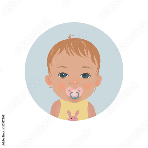 Cute baby with pacifier emoticon. Child with soother smiley. Toddler with dummy vector emoji. 