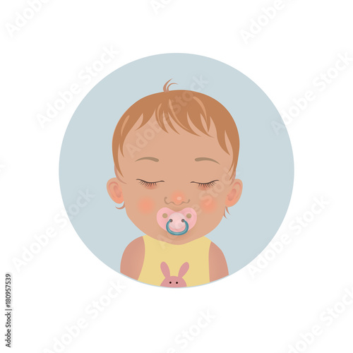 Cute baby sleeping with soother emoticon. Sleepy child with pacifier emoji. Toddler sleep with dummy vector icon