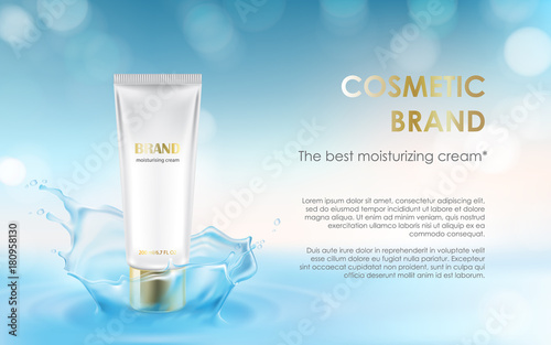 Advertising poster for the promotion of moisturizing premium product. Cosmetic cream in white plastic tube on a soft blue background with water splash