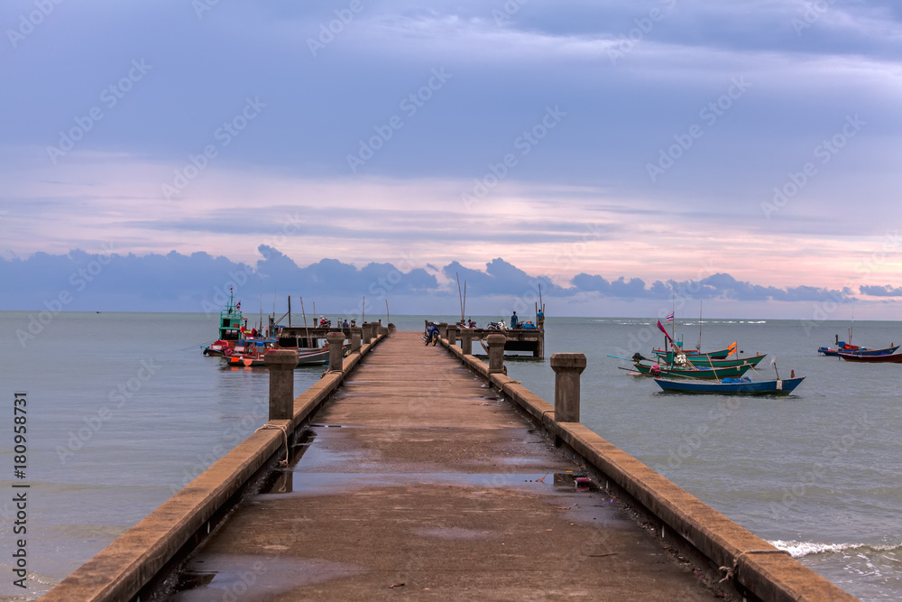 The old bridge for boat fishing, Chaolao Beach ,Chanthaburi, Thailand