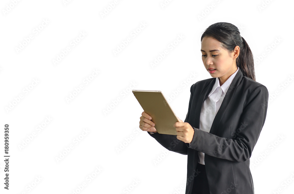 Asian beauty business woman in formal suit holding taplet communicating on white background Asian beauty business woman in formal suit holding taplet communicating on white background