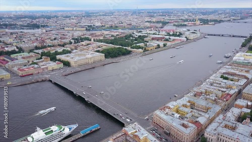 summer day saint petersburg cityscape neva river liner parking aerial panorama 4k russia
 photo