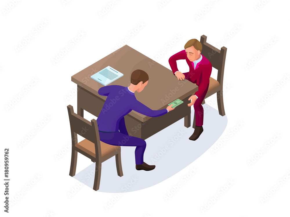 Bribery concept with businessman gives money as a bribe, isometric vector illustration of corruption, financial fraud, crime Bribery concept with businessman gives money as a bribe, isometric vector illustration of corruption, financial fraud, crime