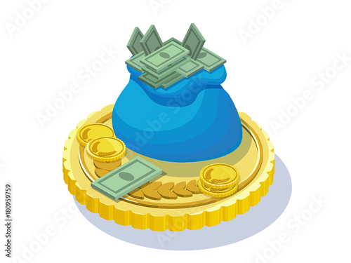 Cash money set with golden yellow coins, banknotes, sack with treasures, financial concept, isometric 3d vector illustration 