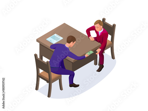 Bribery concept with businessman gives money as a bribe,  isometric vector illustration of corruption, financial fraud, crime