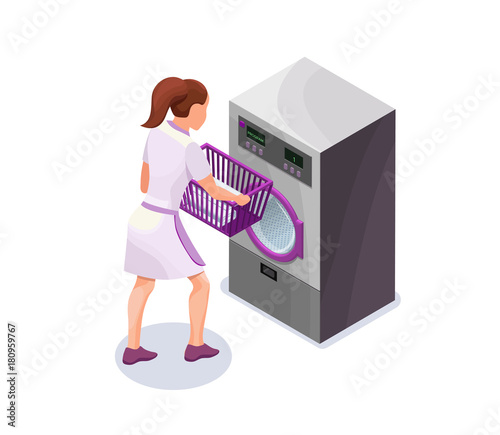 Laundress holding basket with clothes near washing machine, washerwoman at dry cleaners, isometric 3d vector illustration