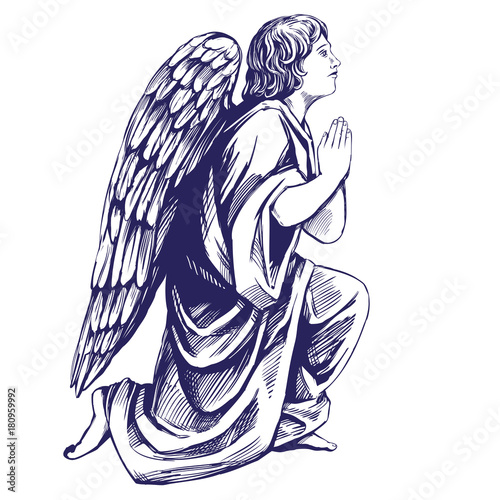 angel prays on his knees religious symbol of Christianity hand drawn vector illustration sketch