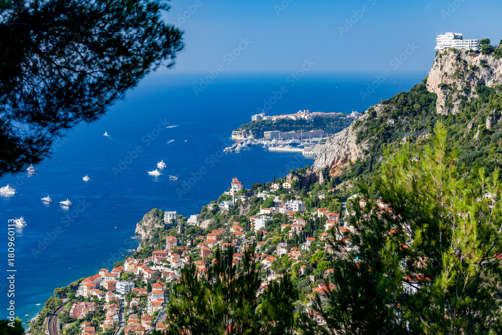 View of Roquebrune Cap Martin showing coastline and sea with yachts