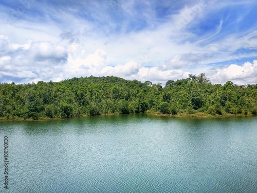 Beautiful lake with blue sky landscape.