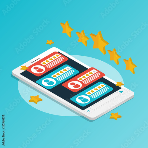 isometric smartphone rating star bubble speeches,ecommerce application vector