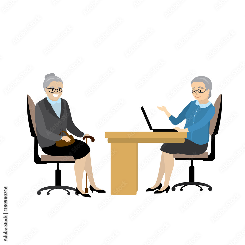 Cartoon caucasian business grandmothers talking in office, Cartoon caucasian business grandmothers talking in office,