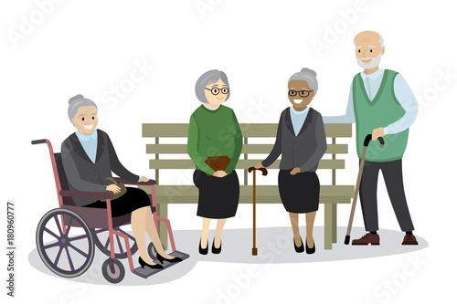 multicultural old people are sitting on the bench,grandmother in a wheelchair