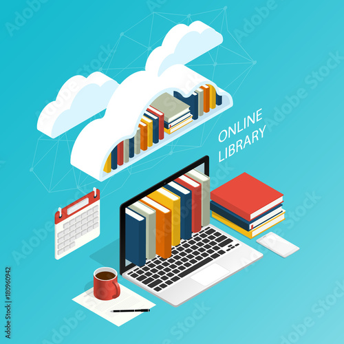 online library file isometric cloud ebook computer office work,education research vector