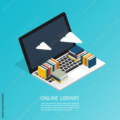 online library file isometric cloud ebook computer office work,education research vector