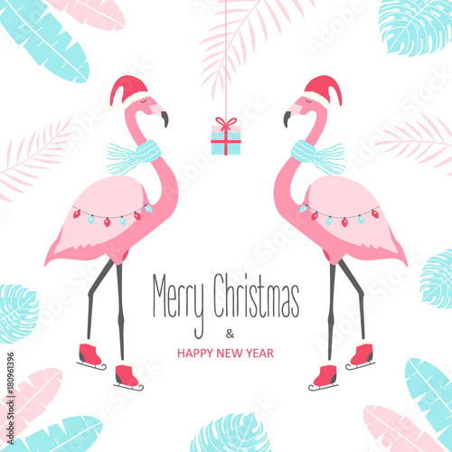 Christmas card with flamingo. Vector illustration