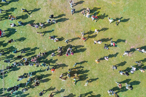 View from the drone of the people during the festival of Holi colors