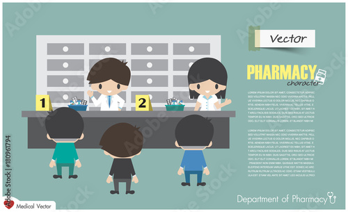 Department of Pharmacy . Pharmacists are dispensing to patient in hospital . Flat design . Vector