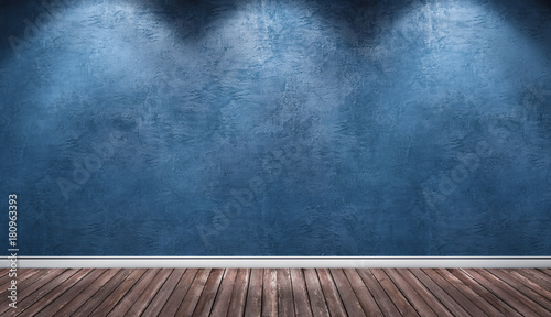 Blue plaster wall, wooden floor interior room.