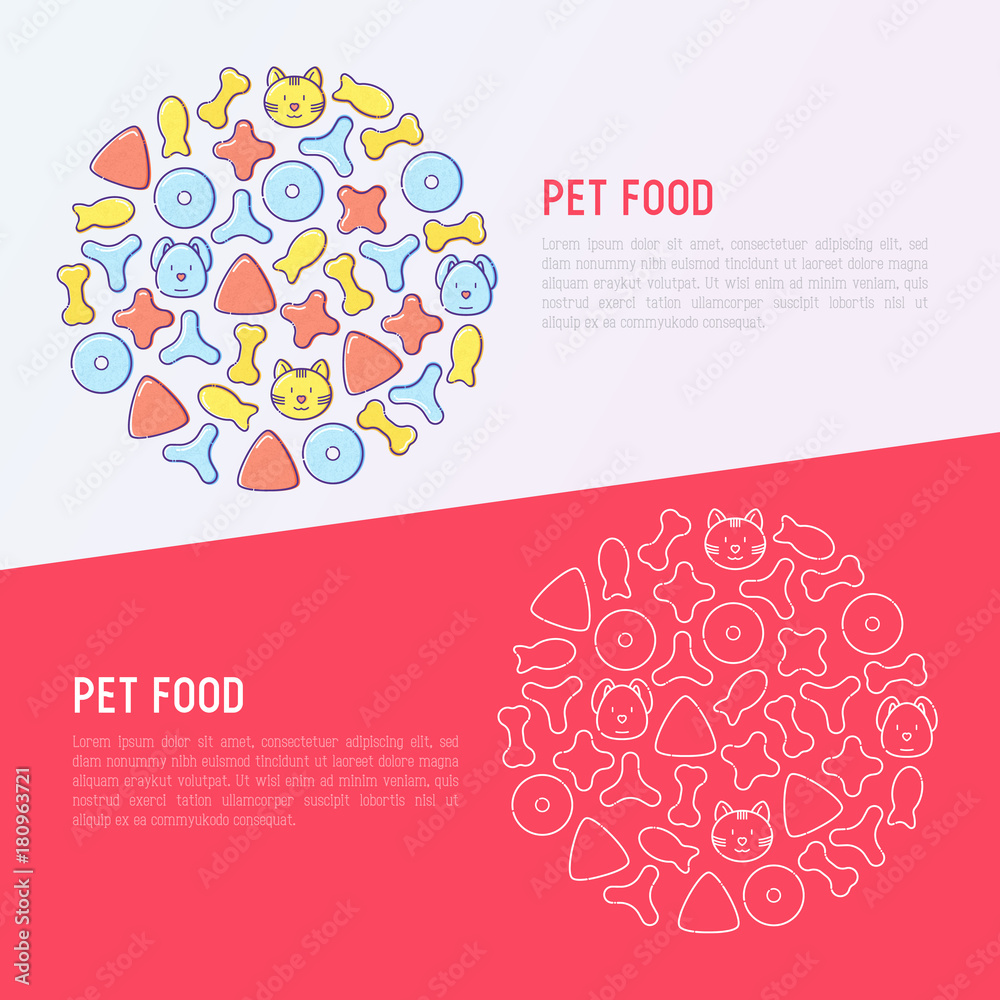 Pet food concept in circle with thin line icons of dry food in different shapes and cute dog and cat. Modern vector illustration.