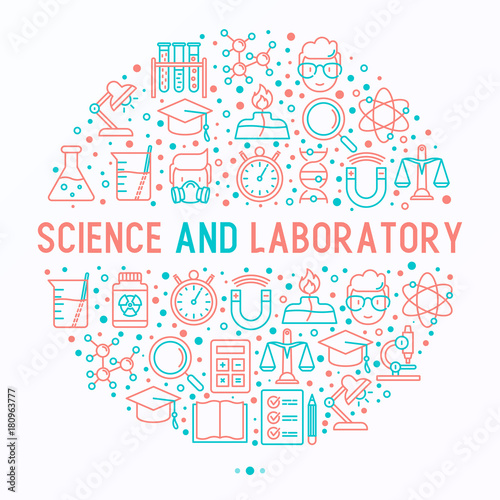 Science and laboratory concept in circle with thin line icons of scientist, dna, microscope, scales, magnet, respirator, spirit lamp. Vector illustration for banner, web page, print media.