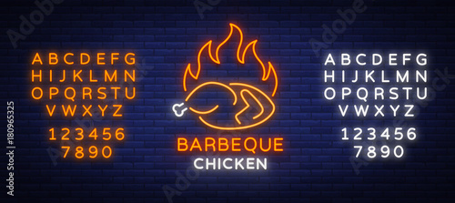 Logo Chicken Barbecue is a neon-style logo for a food store and a restaurant. Neon sign, night bright advertising chicken grill. Vector illustration. Editing text neon sign. Neon alphabet