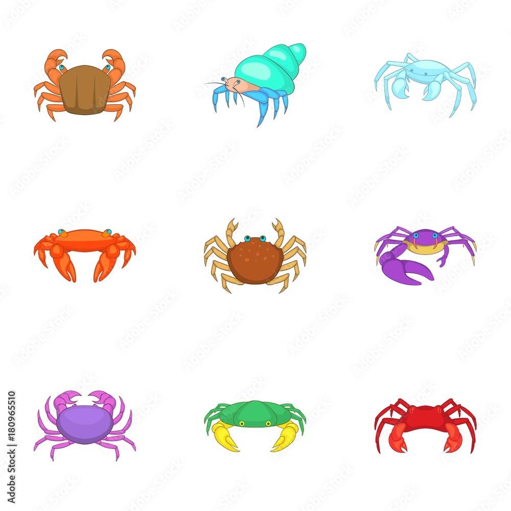 Crab icons set, cartoon style Crab icons set, cartoon style
