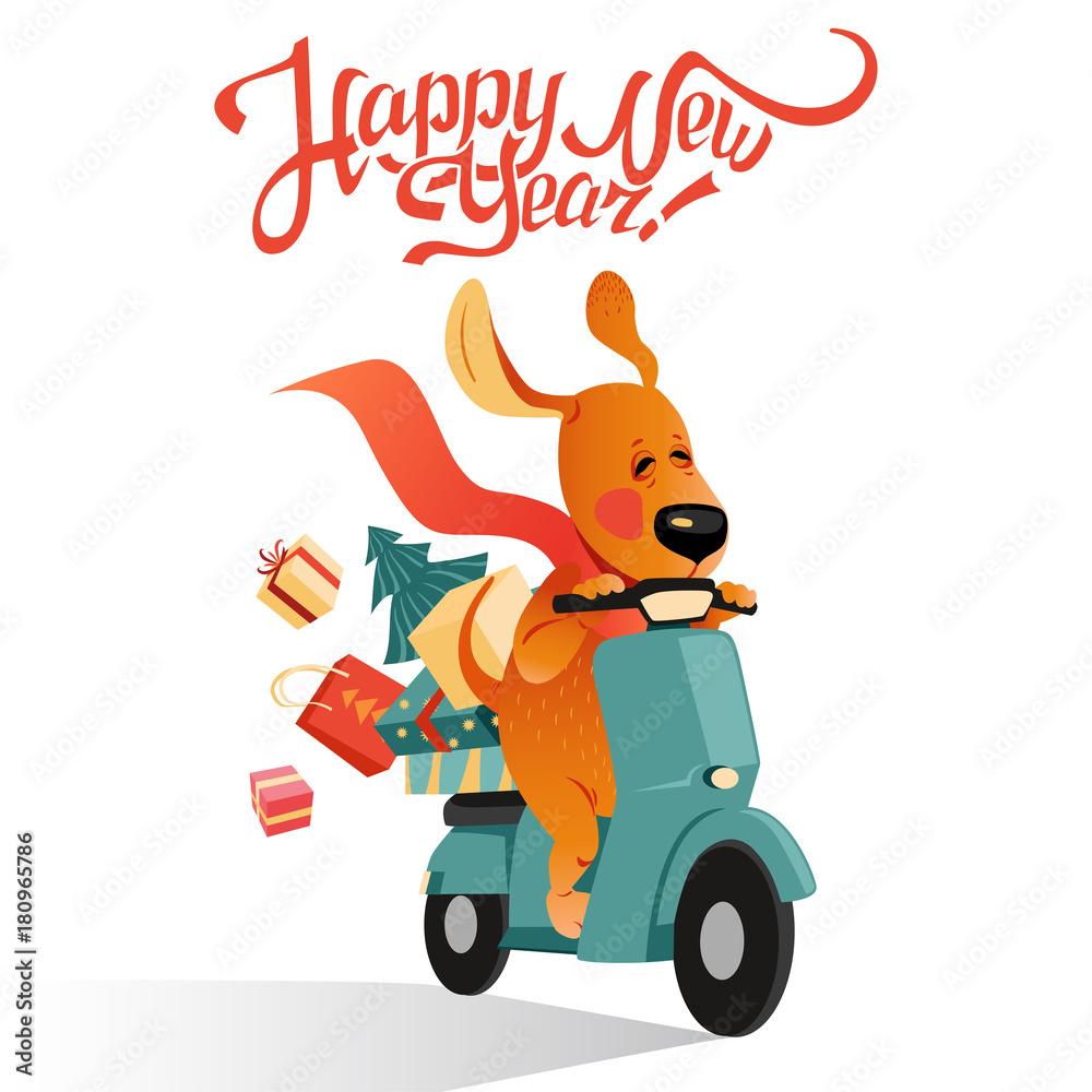New Year's card with funny dog on a scooter with a gifts on white background.
New Year's card with funny dog on a scooter with a gifts on white background.