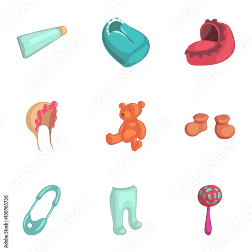 Newborn care icons set, cartoon style