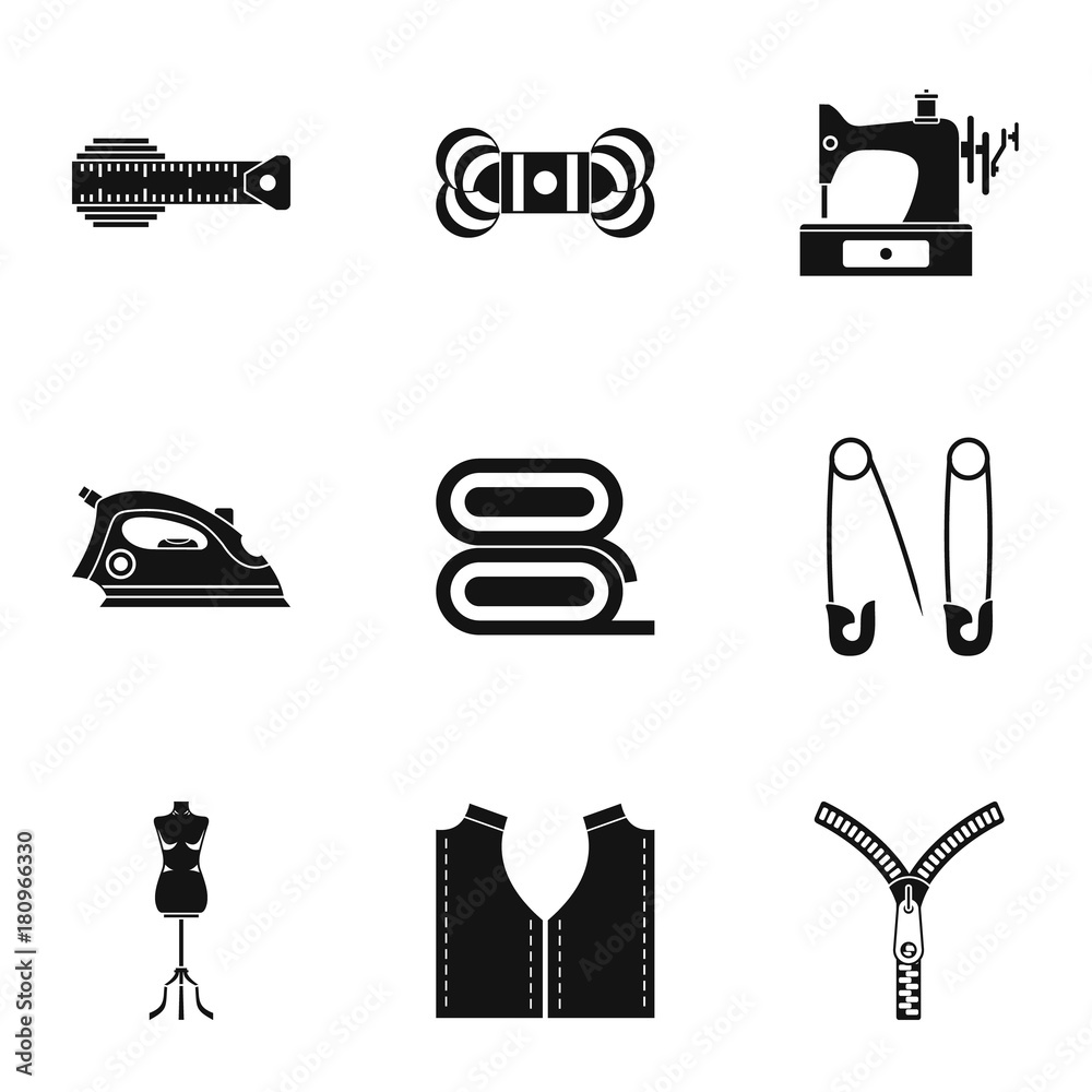 Tools for sewing dresses icons set, simple style Tools for sewing dresses icons set, simple style