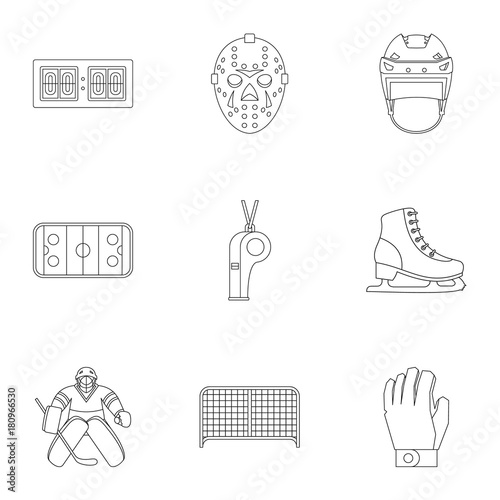 Hockey icons set, outline style
