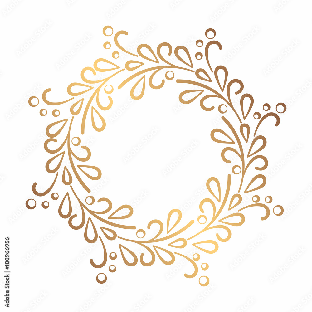 Round gold contour elegant frame of smooth lines in the form of stylized branches and leaves. Simple decor of floral elements in a flat style. Round gold contour elegant frame of smooth lines in the form of stylized branches and leaves. Simple decor of floral elements in a flat style.
