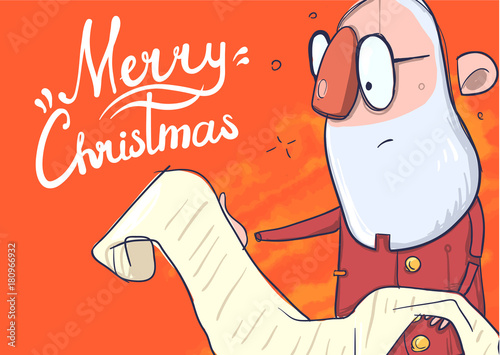 Christmas card with funny Santa Claus in glasses reading a long wish-list. Lettering on orange background. Cartoon character vector illustration.