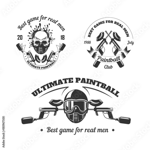 Paintball game sport club logo templates of gamer shooting target or paint ball gun