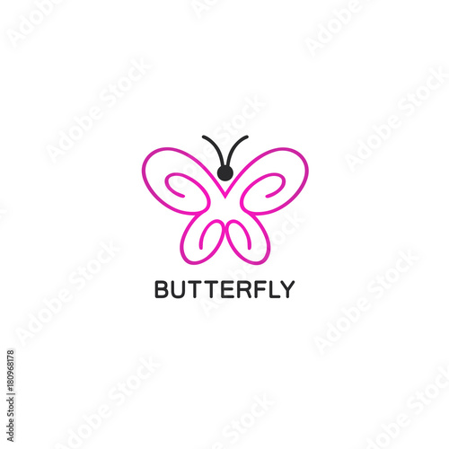 Vector logo design template in linear style - abstract butterfly with pink wings.