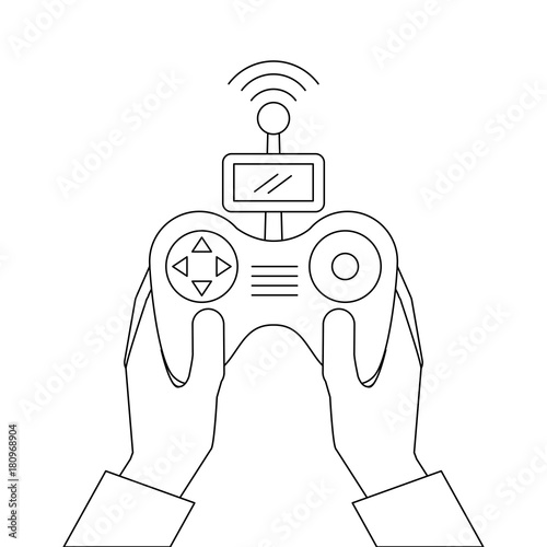 hands holding control remote advance for drones with screen vector illustration