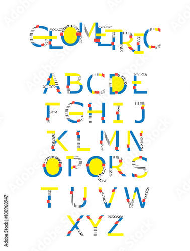 Vector set with abc letters sequence from A to Z in geometry style with glitch and hand drawn elements. Bright graphic font for education, logo and lettering