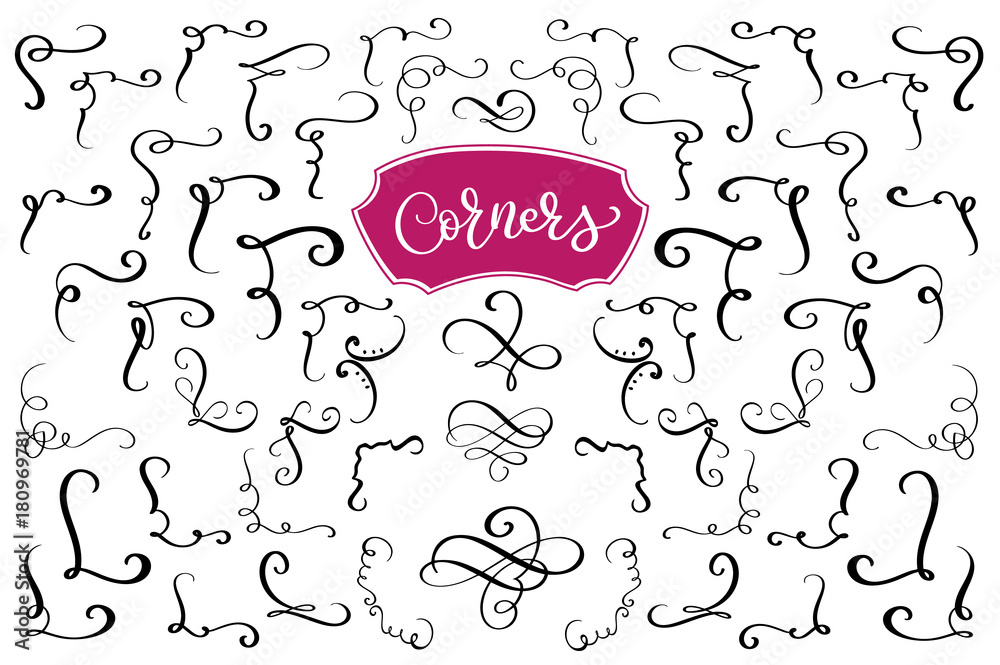 Hand drawn swirl and flourish corners. Calligraphic design elements. Vintage Vector Illustration Hand drawn swirl and flourish corners. Calligraphic design elements. Vintage Vector Illustration