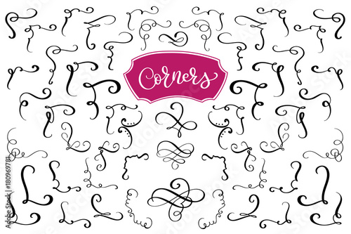 Hand drawn swirl and flourish corners. Calligraphic design elements. Vintage Vector Illustration