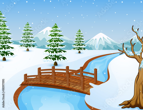 Cartoon winter landscape with mountains and small wooden bridge over river