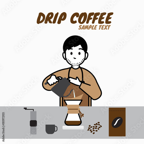 male barista with stubble beard making coffee, manual brew drip coffee and accessories