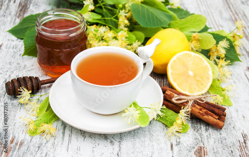 cup of herbal tea with linden flowers