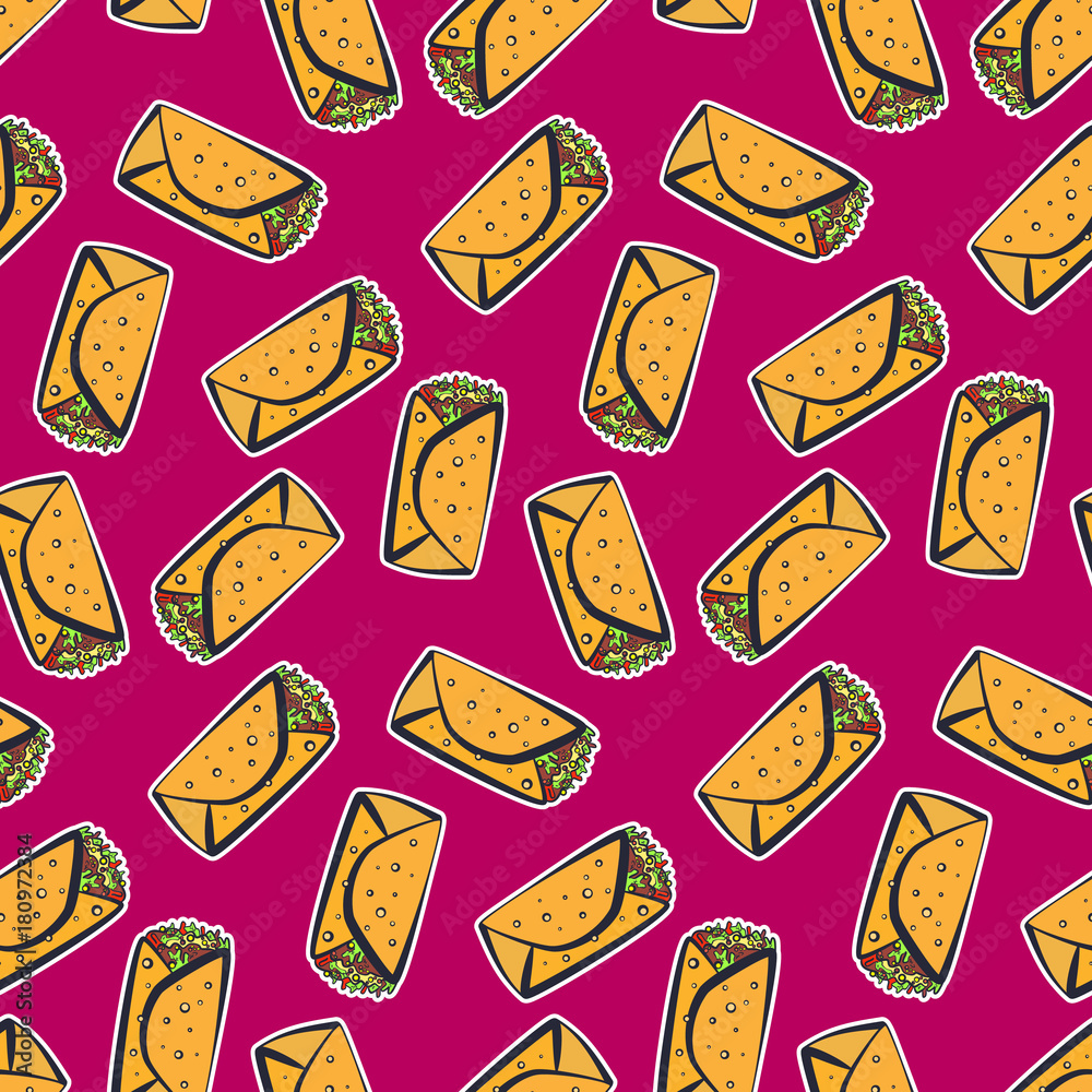 Colorful seamless pattern with cute cartoon mexican burrito on cherry
