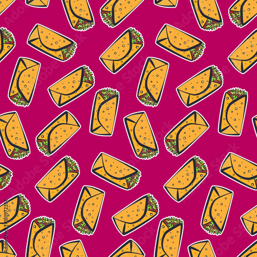 Colorful seamless pattern with cute cartoon mexican burrito on cherry background. Comic flat pop art burritos texture for fast food textile, wrapping paper, package, restaurant or cafe menu banners