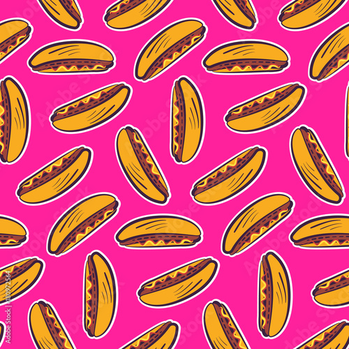 Colorful seamless pattern with cute cartoon american hot dog stickers on bright pink background. Comic flat pop art girlish hotdogs texture for fast food textile, wrapping paper, package, banners