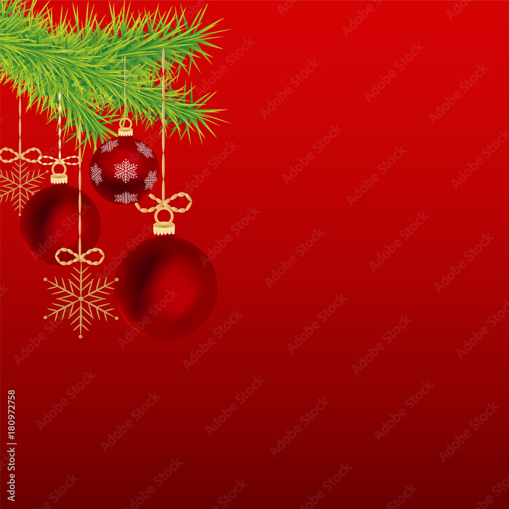 Christmas card branch of fir, balls, snowflakes Christmas card branch of fir, balls, snowflakes