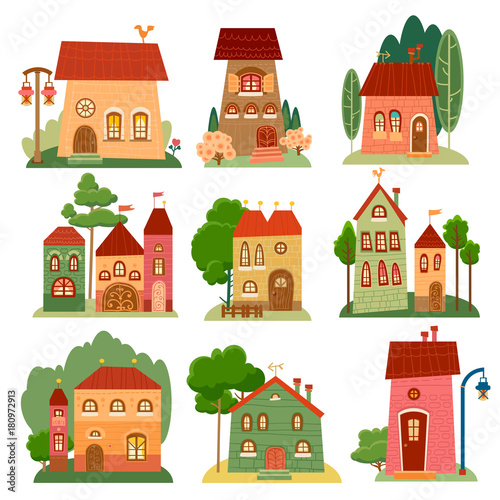 Collection of cute cartoon houses in child style.