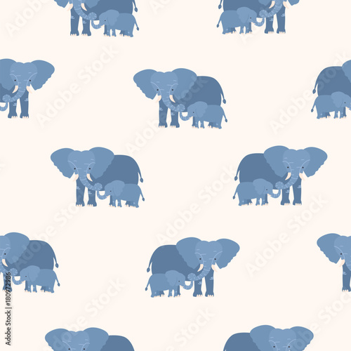 Seamless pattern with mother elephant holding its calf by trunk. Backdrop with family of funny cartoon animals on light background. Vector illustration for fabric print, wallpaper, wrapping paper.