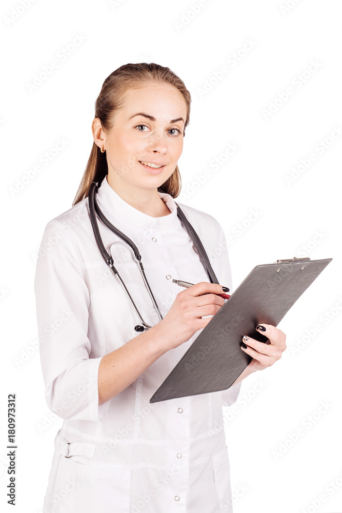 Female doctor with stethoscope writing to clipboard. Female doctor with stethoscope writing to clipboard.