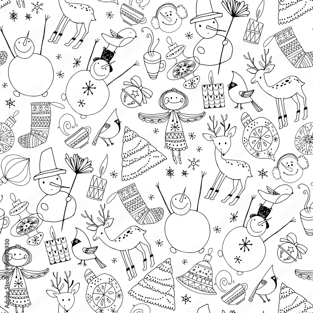Obraz premium Black and white background with festive symbols of Christmas and New Year. Contour vector illustration.