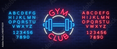 Logotype gym sign in neon style isolated vector illustration. A glowing sign, a nightly bright neon advertisement of the gym, fitness club, sports club. Editing text neon sign